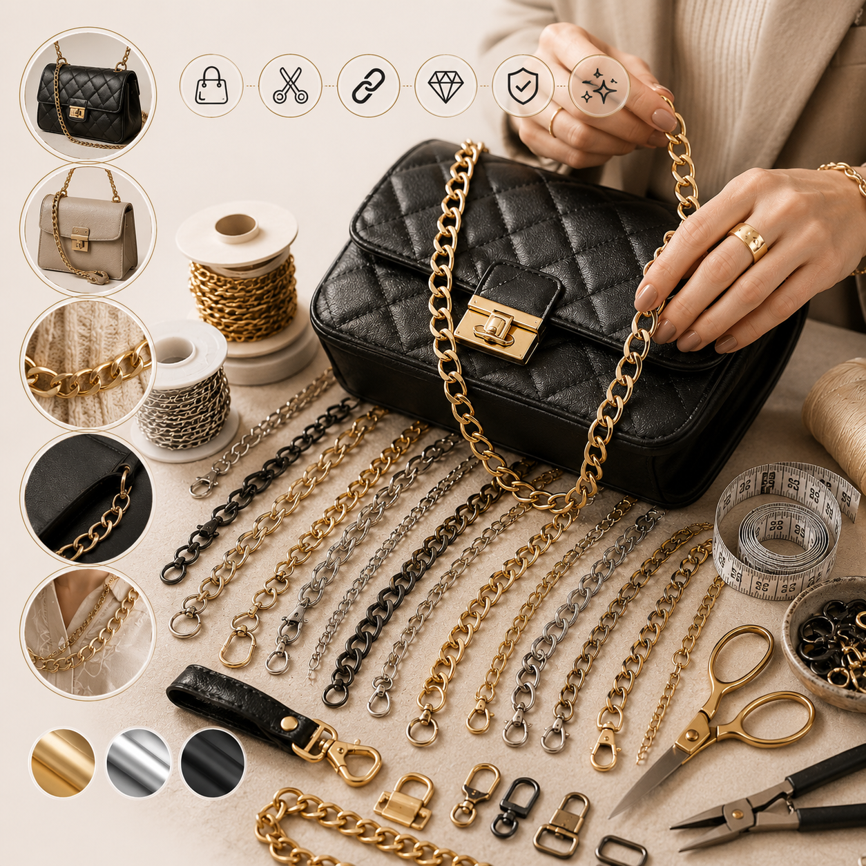 Chaîne noire décorative pour couture, accessoires créatifs et projets d'artisanat.