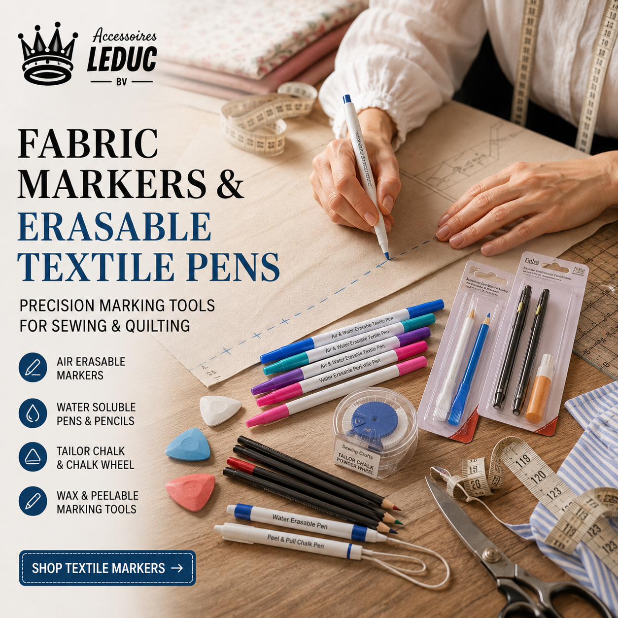 Illustration d’outils de couture : ciseaux, règle, fil, ruban, découseur, colle, crayons