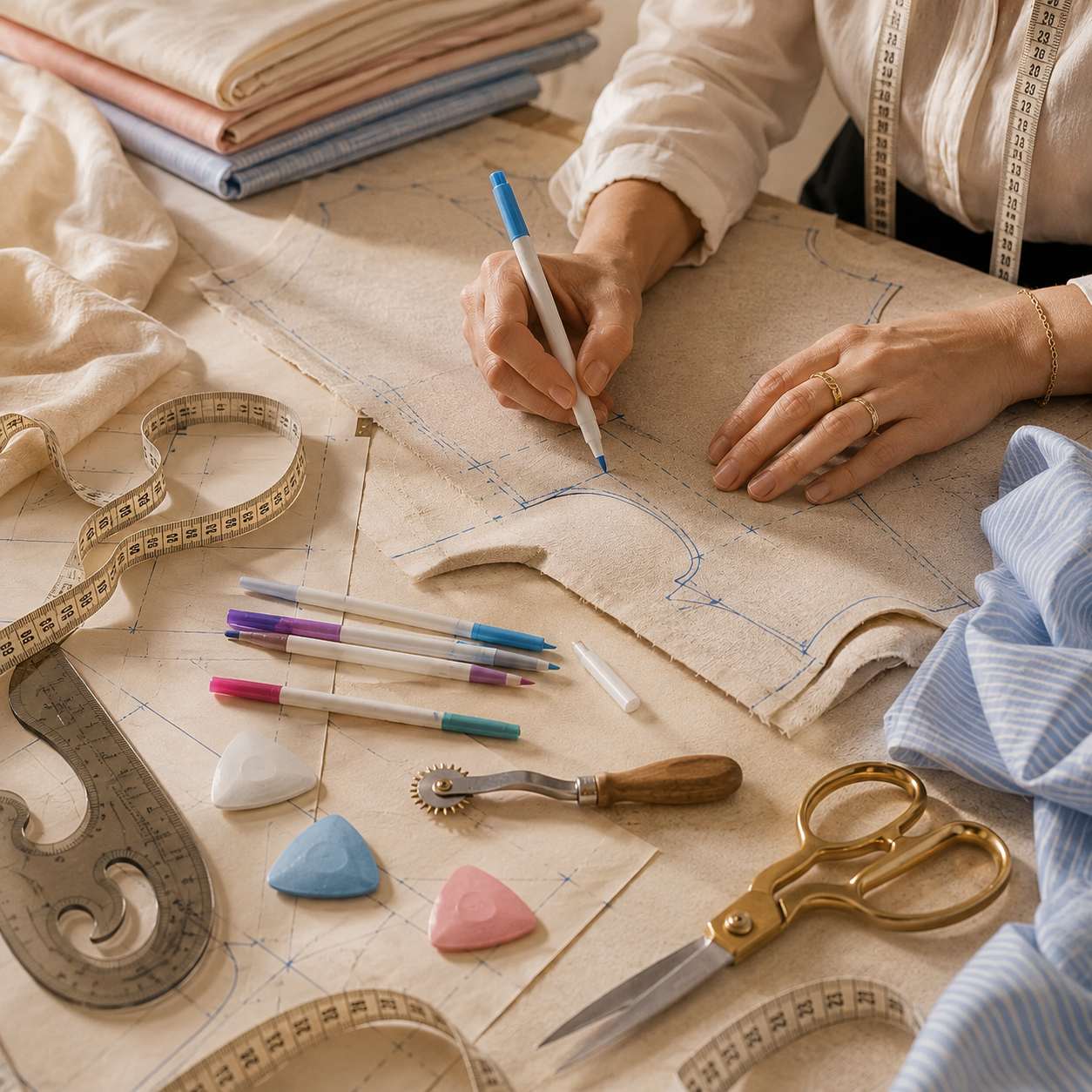 Illustration d’outils de couture : ciseaux, règle, fil, ruban, découseur, colle, crayons