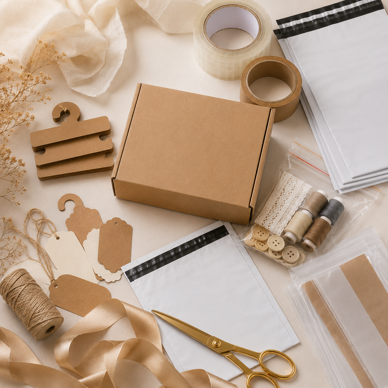 Illustration de fournitures d'emballage : ruban adhésif, boîtes, sachets zip pour couture.
