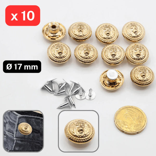 10 Pieces Gold Jeans Buttons Lion Design size 17mm + nail #KJE1502/17mm - ACCESSOIRES LEDUC BV