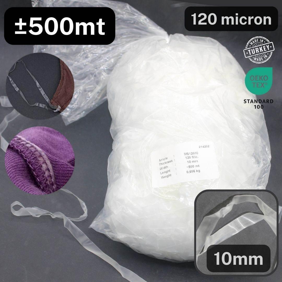 Bag of 500 meters PU elastic transparent tape - Available in 4mm 6mm or 10mm - 120 micron - ACCESSOIRES LEDUC BV