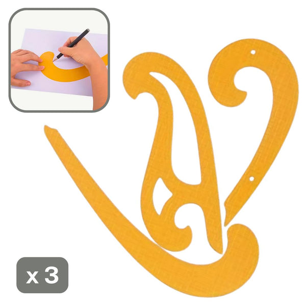 Lot de 3 règles courbes françaises en plastique orange pour dessin, couture et patronage.