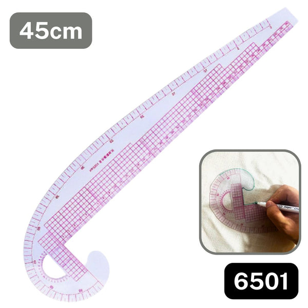 Règle courbe multifonction 45 cm pour couture et patrons, idéale pour tracer et mesurer.