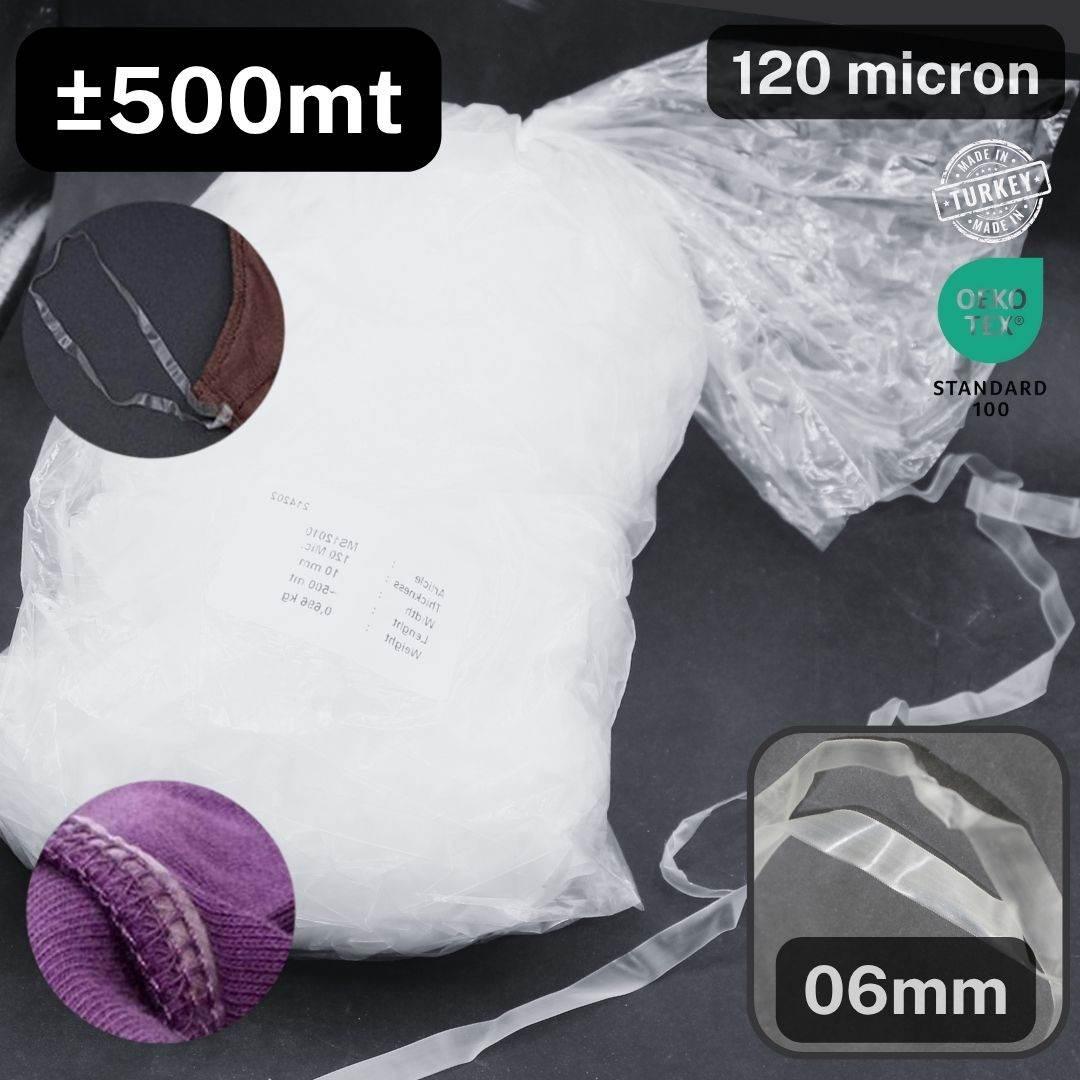 Bag of 500 meters PU elastic transparent tape - Available in 4mm 6mm or 10mm - 120 micron - ACCESSOIRES LEDUC BV