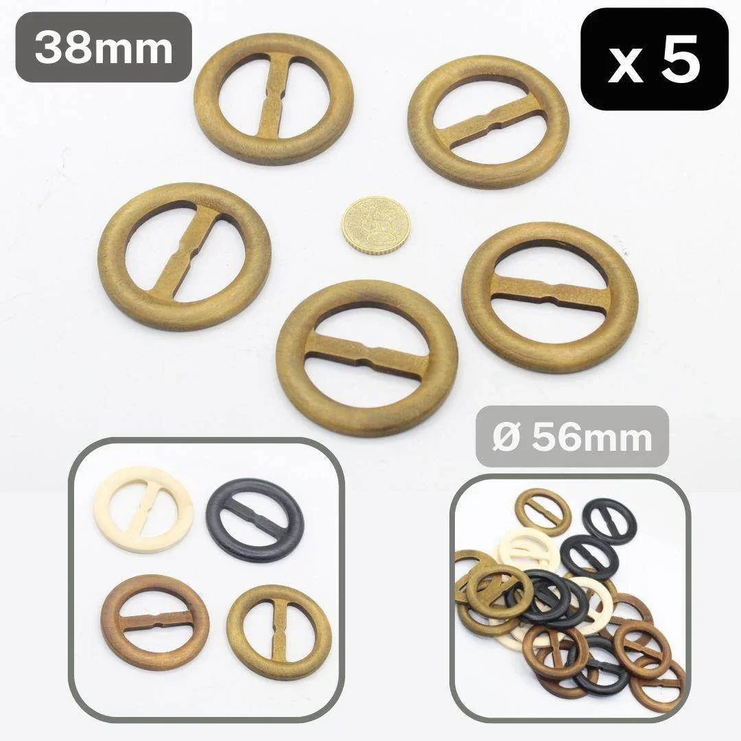 Set of 5 round 38mm Wooden Buckles (external diameter 56mm) #BWO1000 - ACCESSOIRES LEDUC BV