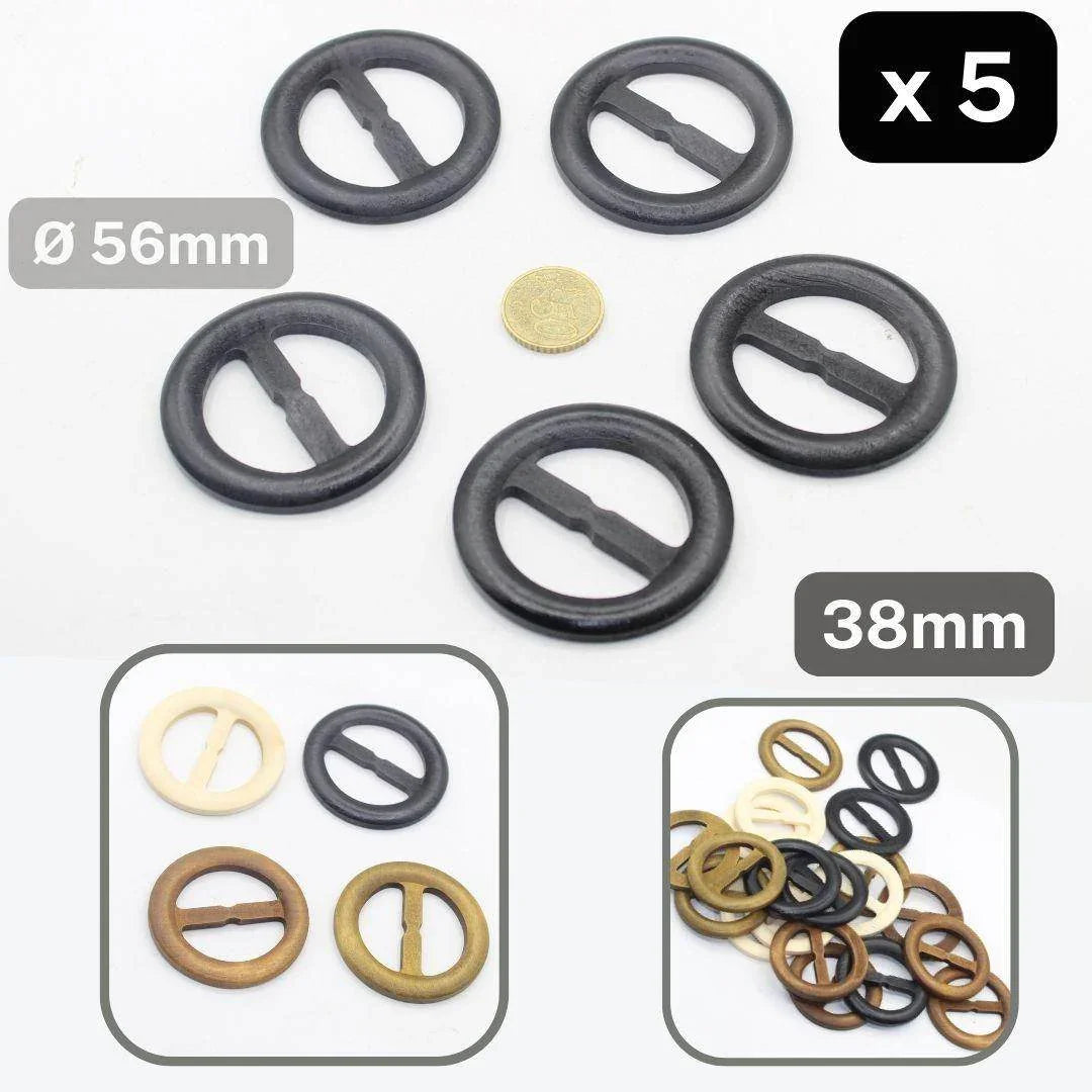 Set of 5 round 38mm Wooden Buckles (external diameter 56mm) #BWO1000 - ACCESSOIRES LEDUC BV