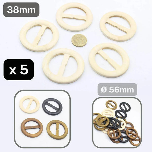 Set of 5 round 38mm Wooden Buckles (external diameter 56mm) #BWO1000 - ACCESSOIRES LEDUC BV