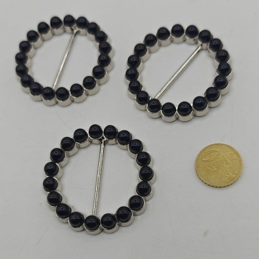3 pieces - 50mm Silver Buckle with Black Shiny Pearls (fits Ribbon up to 35mm width)