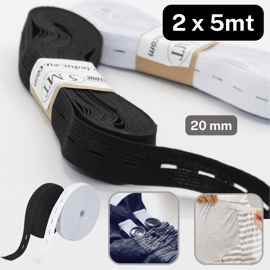 10 Meters BUTTON HOLE ELASTIC 20MM - 5mt Black + 5mt White - ACCESSOIRES LEDUC BV