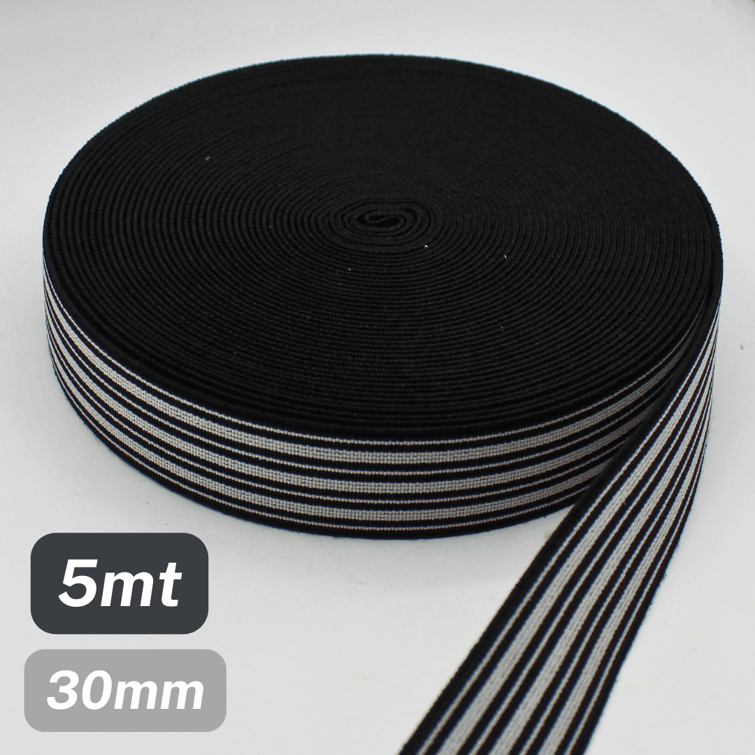 5 Meters Waistband Elastic striped Black / Grey 30mm - ACCESSOIRES LEDUC BV