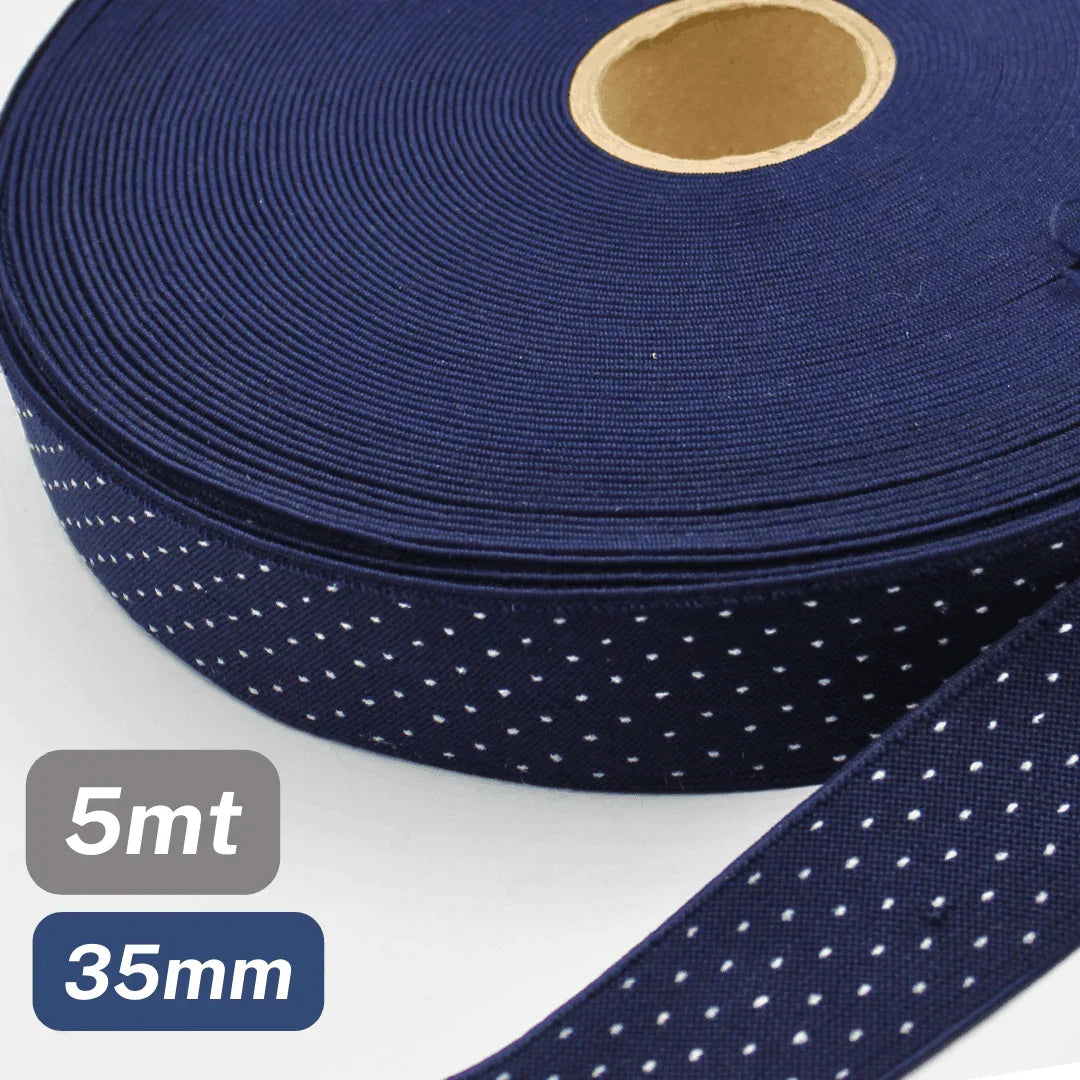 5 Meters Waistband Elastic Navy blue with White polka dots 35mm - ACCESSOIRES LEDUC BV