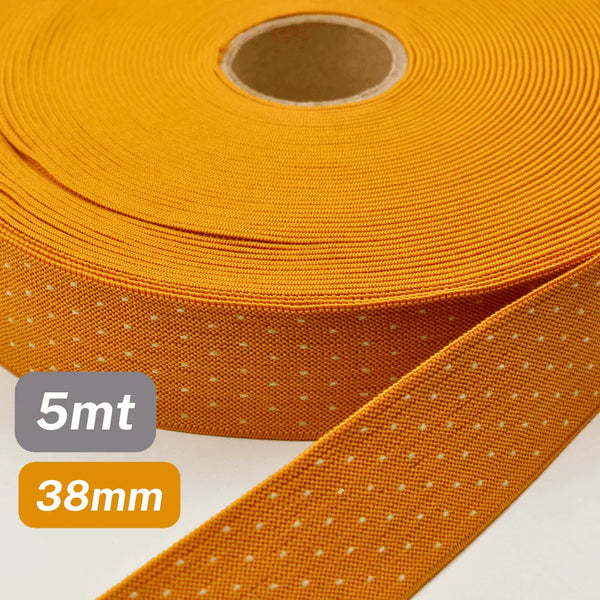 5 Meters Waistband Elastic Mustard yellow with White polka dots 38mm - ACCESSOIRES LEDUC BV
