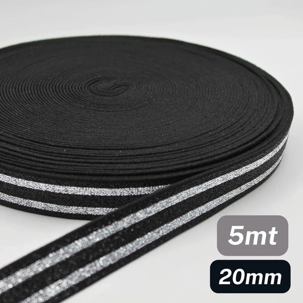 5 Meters Waistband Elastic Lurex Black / Silver 20mm - ACCESSOIRES LEDUC BV