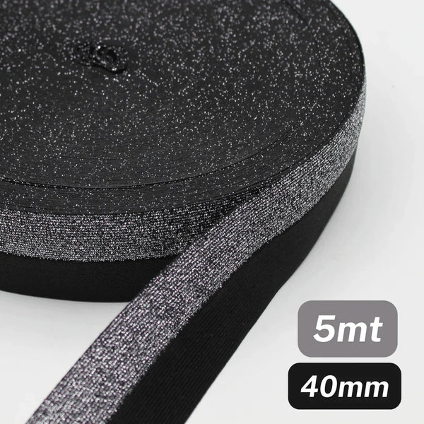 5 Meters Waistband Elastic striped Black / Lurex Silver 40mm - ACCESSOIRES LEDUC BV