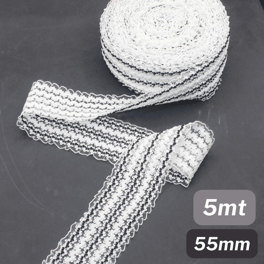 5 Meters Waistband Elastic Lace Black/White 55mm - ACCESSOIRES LEDUC BV