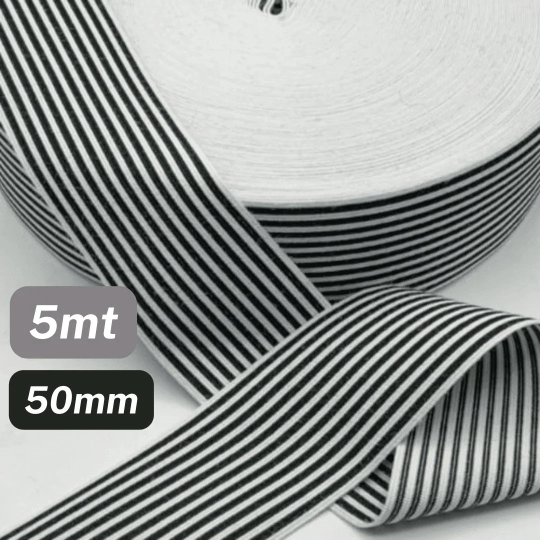 5 Meters Waistband Elastic Striped White/Black 50mm - ACCESSOIRES LEDUC BV