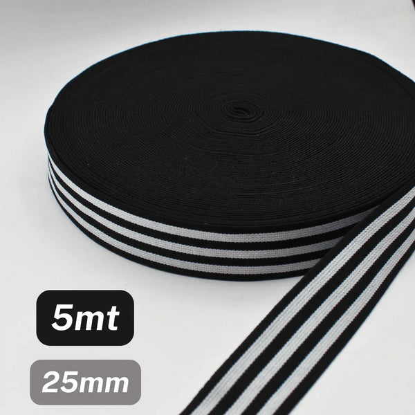 5 Meters Waistband Elastic striped Black / White 25mm - ACCESSOIRES LEDUC BV