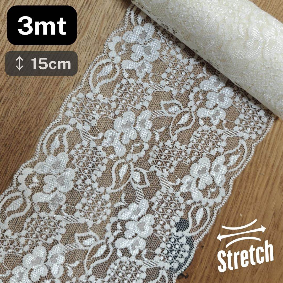 3 meters Offwhite Stretch Elastic Lace 150mm #DEN250620B - ACCESSOIRES LEDUC BV