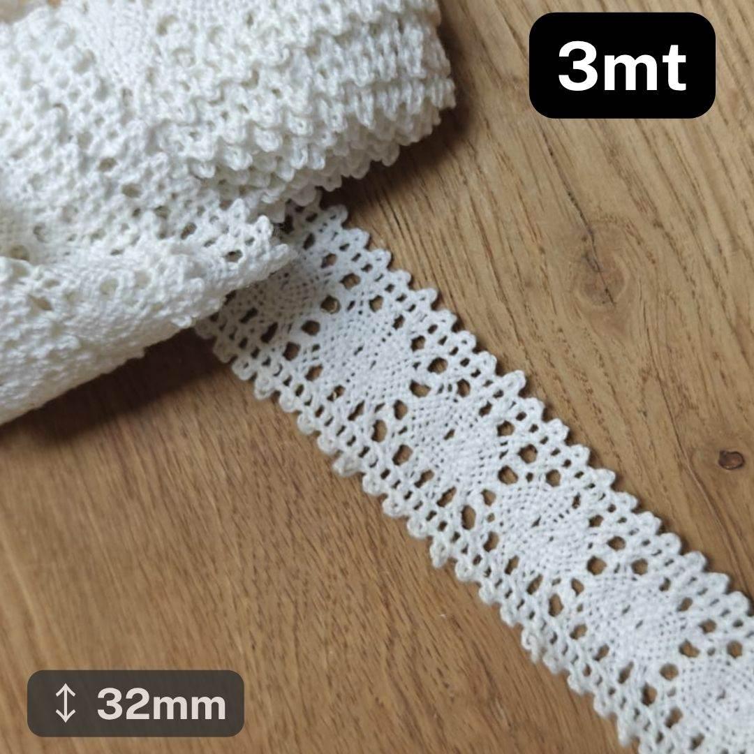 3 meters white Cotton Lace / Macramé 32mm #DEN250620G - ACCESSOIRES LEDUC BV