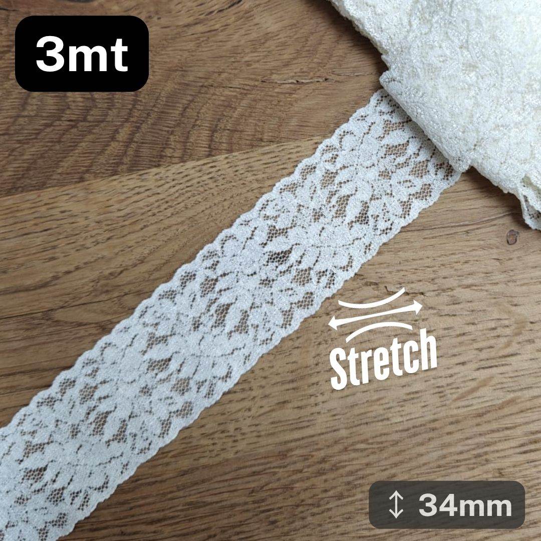 3 meters Offwhite Stretch Elastic Lace 34mm #DEN250620R - ACCESSOIRES LEDUC BV