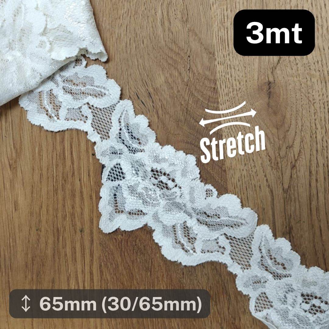 3 meters Offwhite Stretch Elastic Lace 65mm #DEN250620u - ACCESSOIRES LEDUC BV