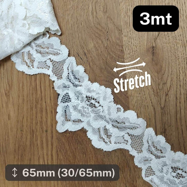 3 meters Offwhite Stretch Elastic Lace 65mm #DEN250620u - ACCESSOIRES LEDUC BV