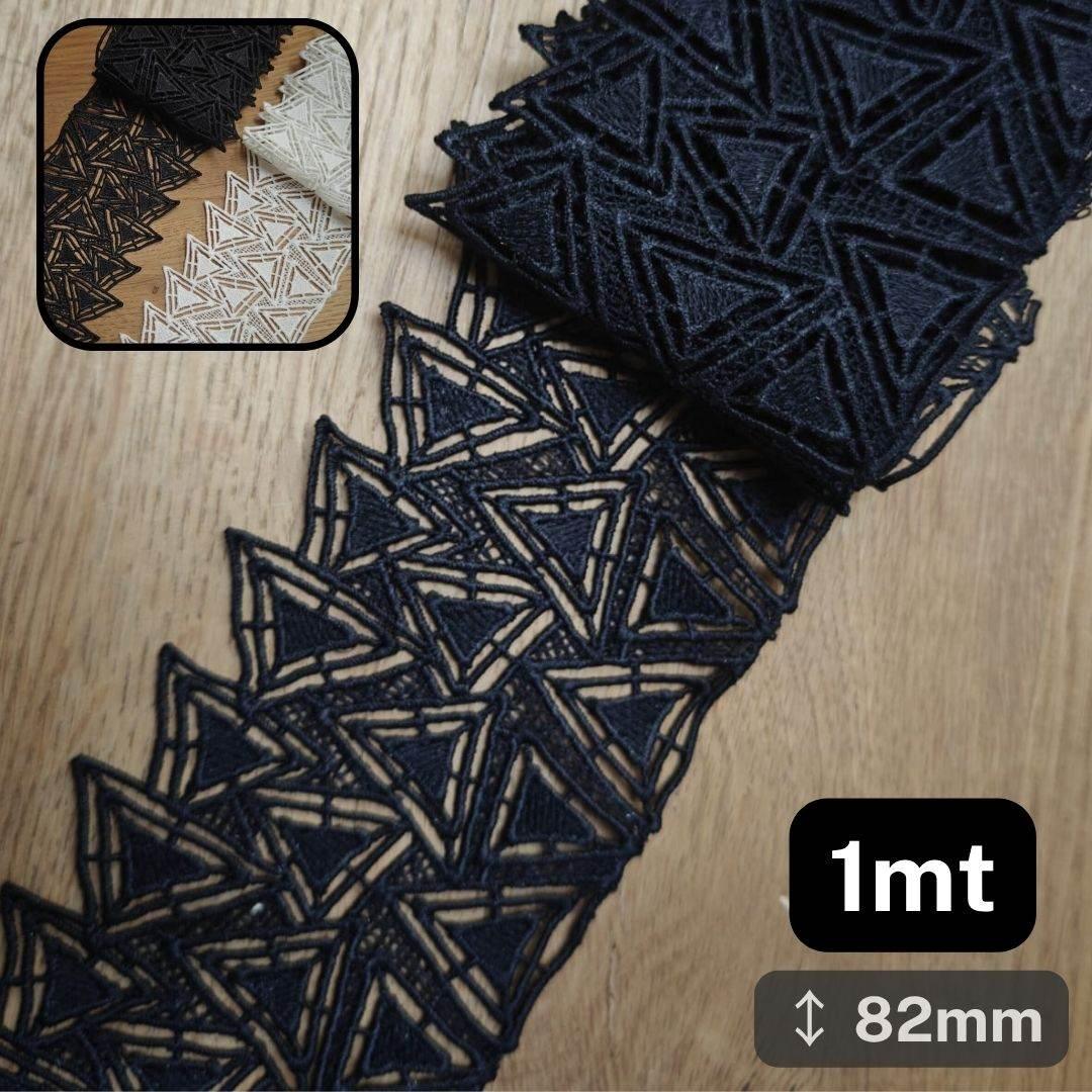 1 meters Deluxe Geometric Cotton Lace with Triangles designs 82mm available in Black or White #DEN250620i - ACCESSOIRES LEDUC BV