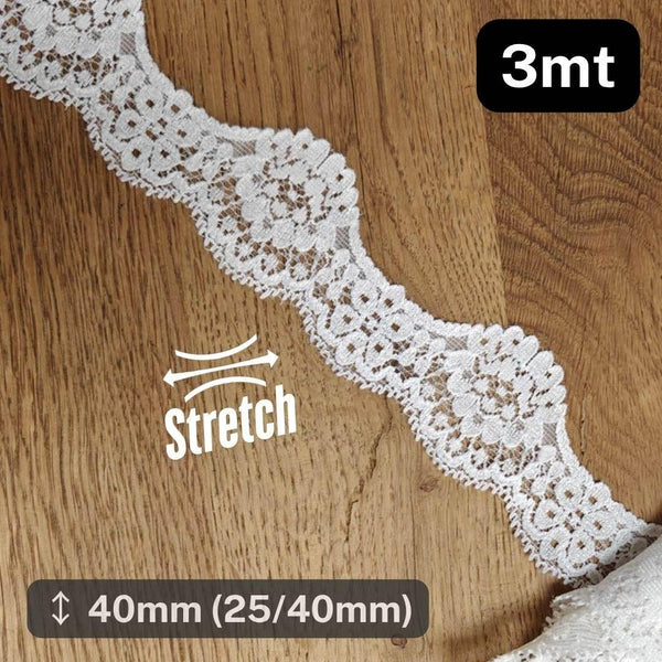 3 meters White Stretch Elastic Lace 40mm #DEN250620o - ACCESSOIRES LEDUC BV