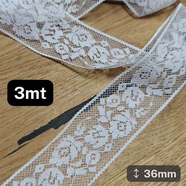 3 meters white Floral Lace 36mm #DEN250624D - ACCESSOIRES LEDUC BV