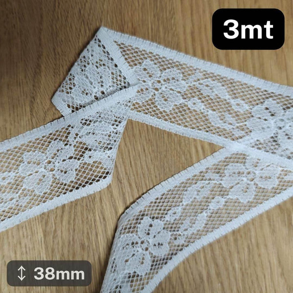 3 meters white Floral Lace 38mm #DEN250624E - ACCESSOIRES LEDUC BV