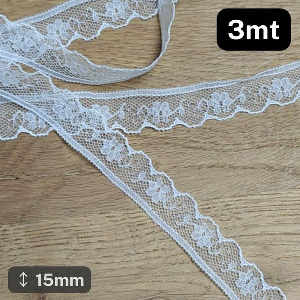 3 meters white Floral Lace 15mm #DEN250624G - ACCESSOIRES LEDUC BV