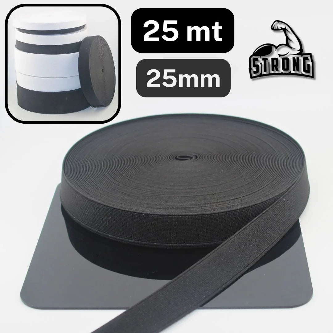 25 meters Super Strong Elastic - High Tension - Black or White available in sizes 10mm 15mm 20mm 25mm 30mm 40mm or 60mm #ELCOT - ACCESSOIRES LEDUC BV