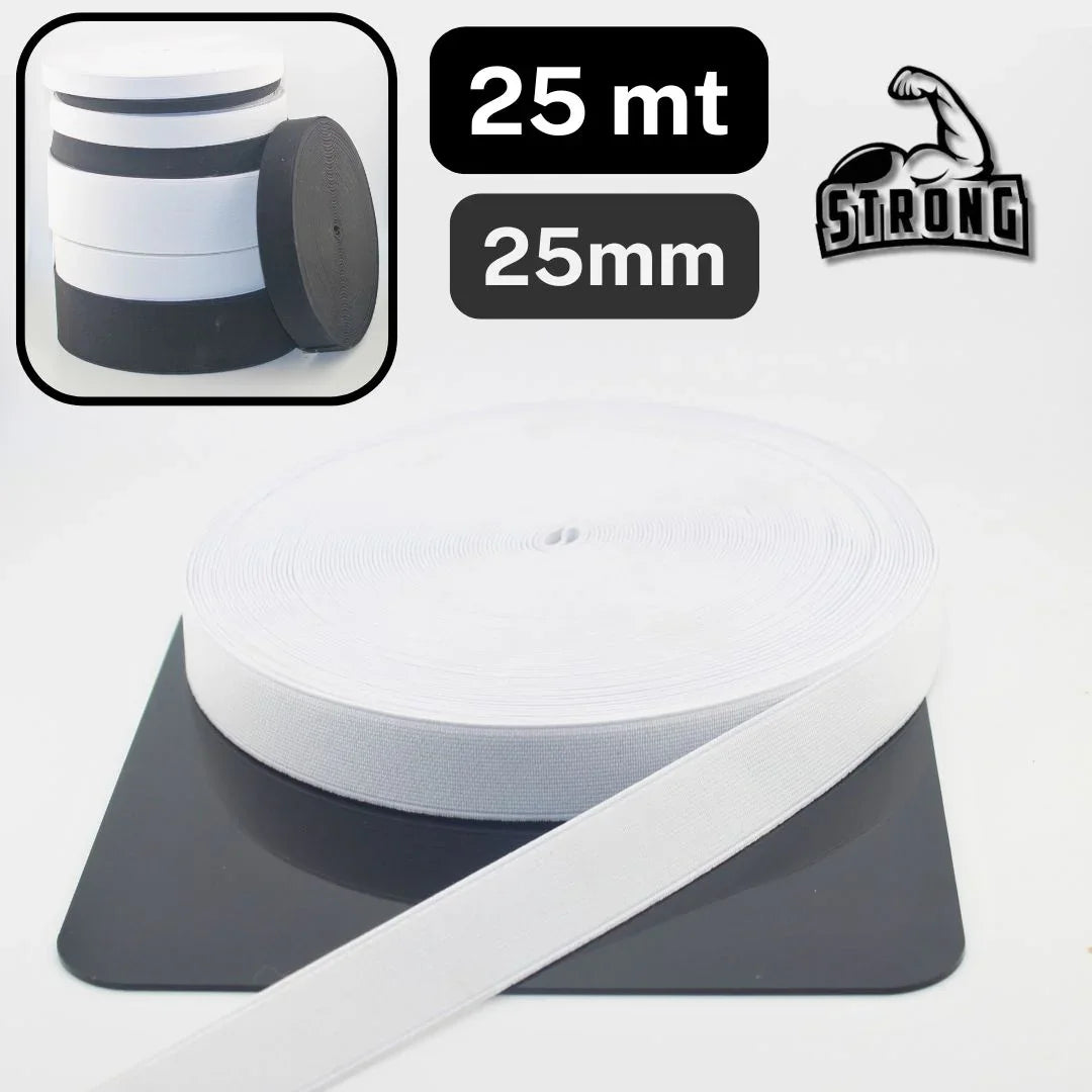 25 meters Super Strong Elastic - High Tension - Black or White available in sizes 10mm 15mm 20mm 25mm 30mm 40mm or 60mm #ELCOT - ACCESSOIRES LEDUC BV