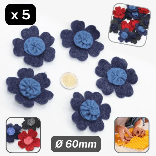 Set of 5 Felt Bicolor Flowers Sew-on Ø60mm #F1-04 - ACCESSOIRES LEDUC BV