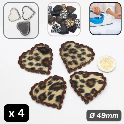 Set of 4 Heart Shape Patches in Fake Fur, Iron on , 49mm Diameter - ACCESSOIRES LEDUC BV