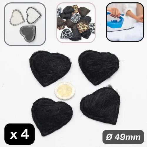 Set of 4 Heart Shape Patches in Fake Fur, Iron on , 49mm Diameter - ACCESSOIRES LEDUC BV