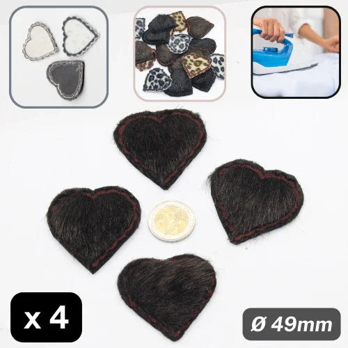 Set of 4 Heart Shape Patches in Fake Fur, Iron on , 49mm Diameter - ACCESSOIRES LEDUC BV