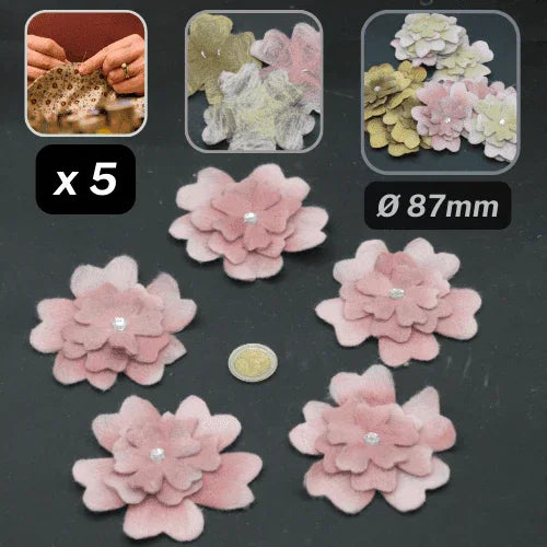 Set of 5 Fake Suede Fabric Flowers with Strass - Sew-on - Applications Ø87mm #F2-01 - ACCESSOIRES LEDUC BV