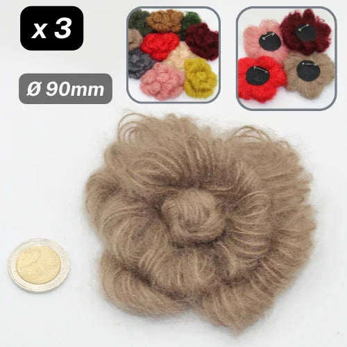 Set of 3 Woolen Flowers with safety pins Applications Ø90mm #F3-00 - ACCESSOIRES LEDUC BV