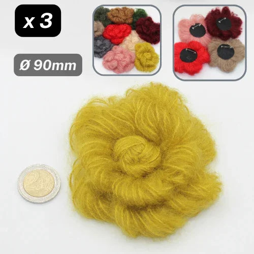 Set of 3 Woolen Flowers with safety pins Applications Ø90mm #F3-00 - ACCESSOIRES LEDUC BV
