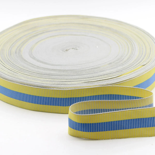 10 METERS - 30mm Yellow Gros Grain with Blue Central Stripe - ACCESSOIRES LEDUC BV