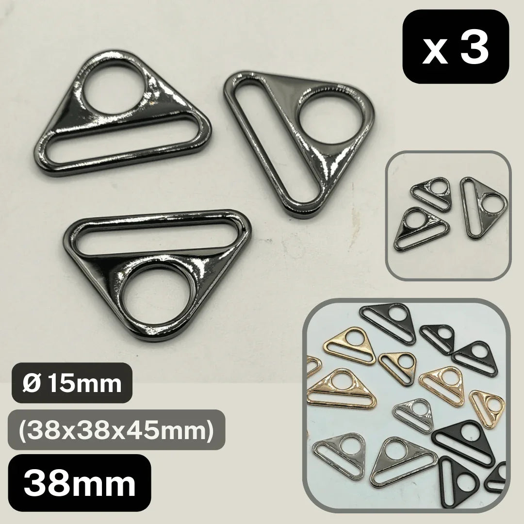 Set of 3 Triangle Buckles with Hole #BMEx060 available in 32mm, 38mm or 50mm in Silver, Pink Gold, Gold, Oldbrass, Gunmetal or Black - ACCESSOIRES LEDUC BV