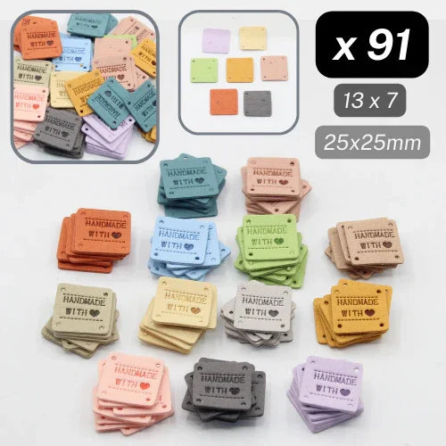 Lots de 91 étiquettes carrées colorées « Handmade with love » pour couture, ACCESSOIRES LEDUC.