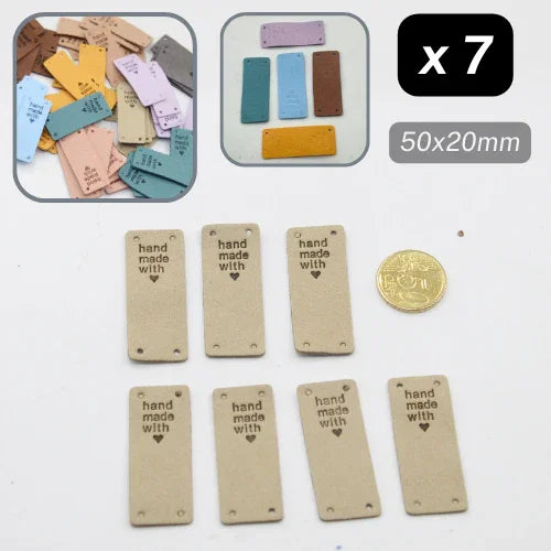 Étiquettes beige 50x20mm 'hand made with ♥', lot de 7, pour couture ACCESSOIRES LEDUC.