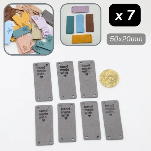 Lot de 7 étiquettes couture grises 50x20mm 'hand made with love', accessoires Leduc BV
