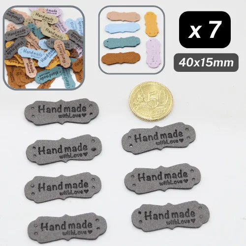 Set of 7 Fake Suede Labels - Peanut Shape - tagged "Handmade with ♥" - size40x15mm (Sew-on) - ACCESSOIRES LEDUC BV