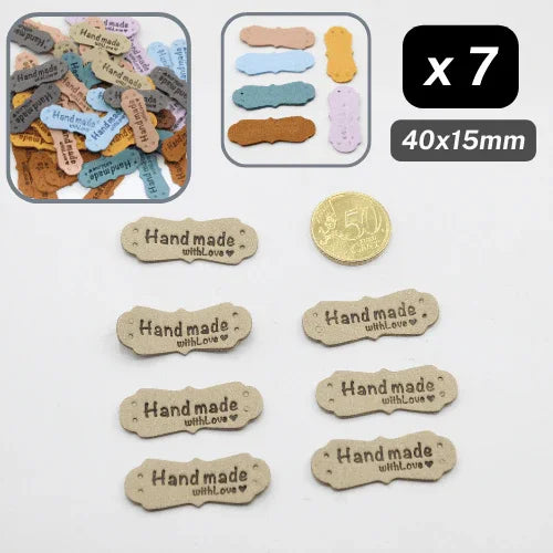 Set of 7 Fake Suede Labels - Peanut Shape - tagged "Handmade with ♥" - size40x15mm (Sew-on) - ACCESSOIRES LEDUC BV