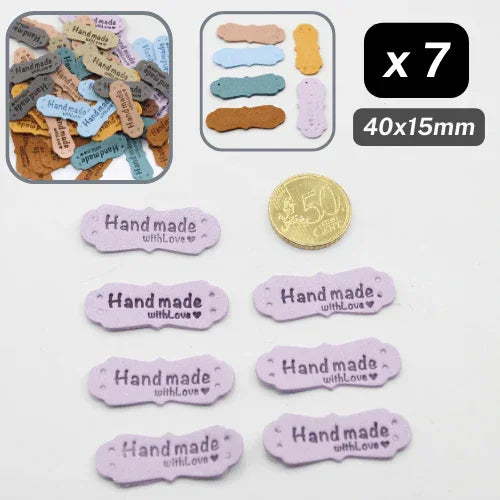 Set of 7 Fake Suede Labels - Peanut Shape - tagged "Handmade with ♥" - size40x15mm (Sew-on) - ACCESSOIRES LEDUC BV