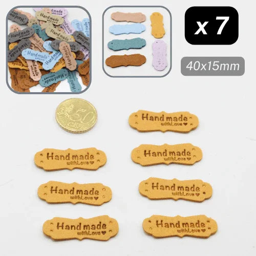 Set of 7 Fake Suede Labels - Peanut Shape - tagged "Handmade with ♥" - size40x15mm (Sew-on) - ACCESSOIRES LEDUC BV
